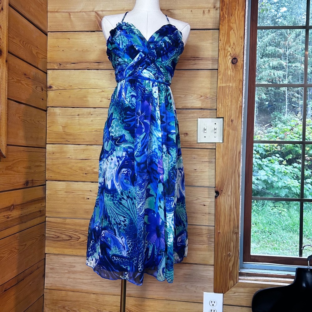 Abstract Floral Halter Midi Dress Womens Medium Royal Blue Emerald PapaFashions
